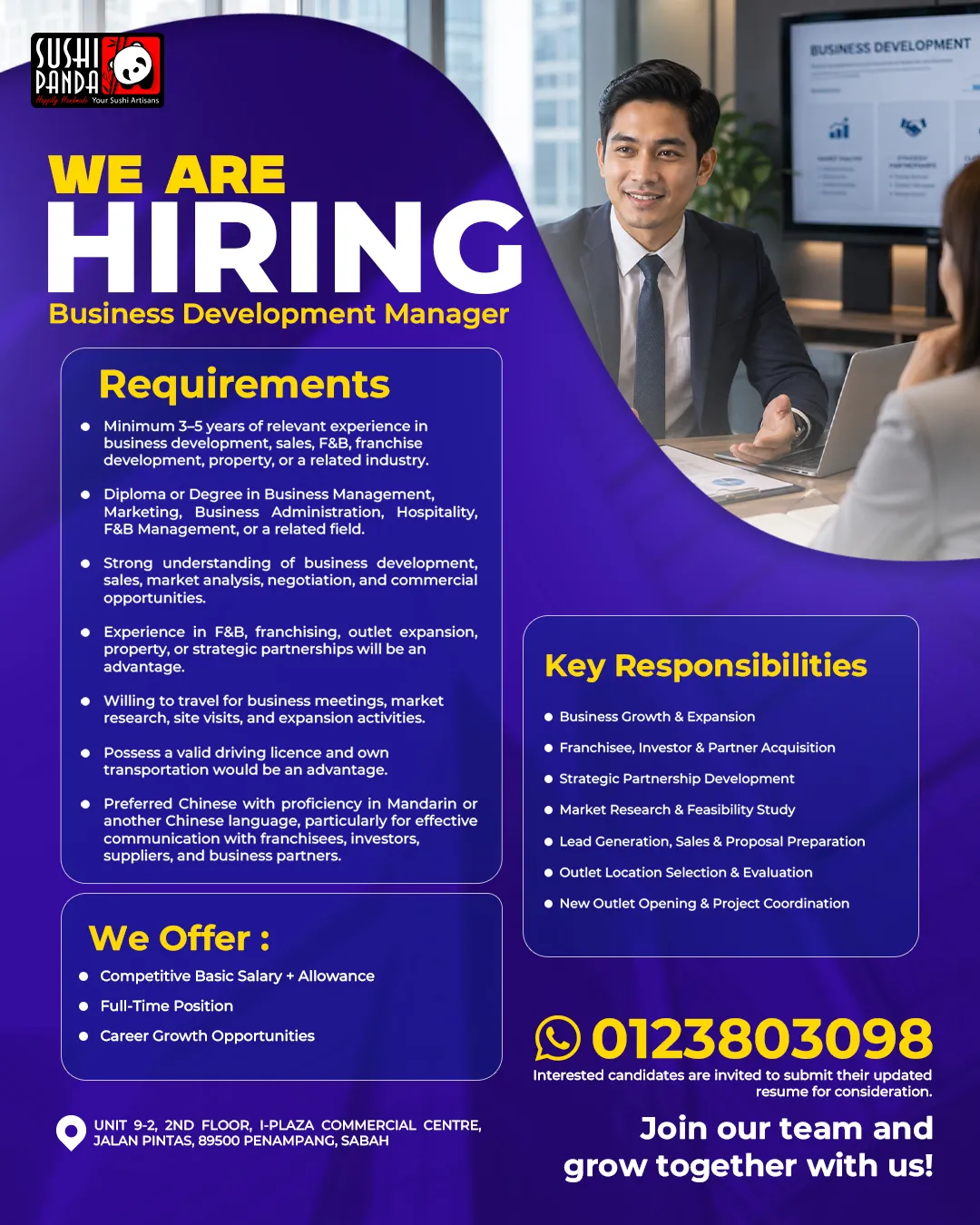 Sushi Panda “We are hiring” poster for Business Development Manager: requirements, what we offer, key responsibilities and the HR WhatsApp number