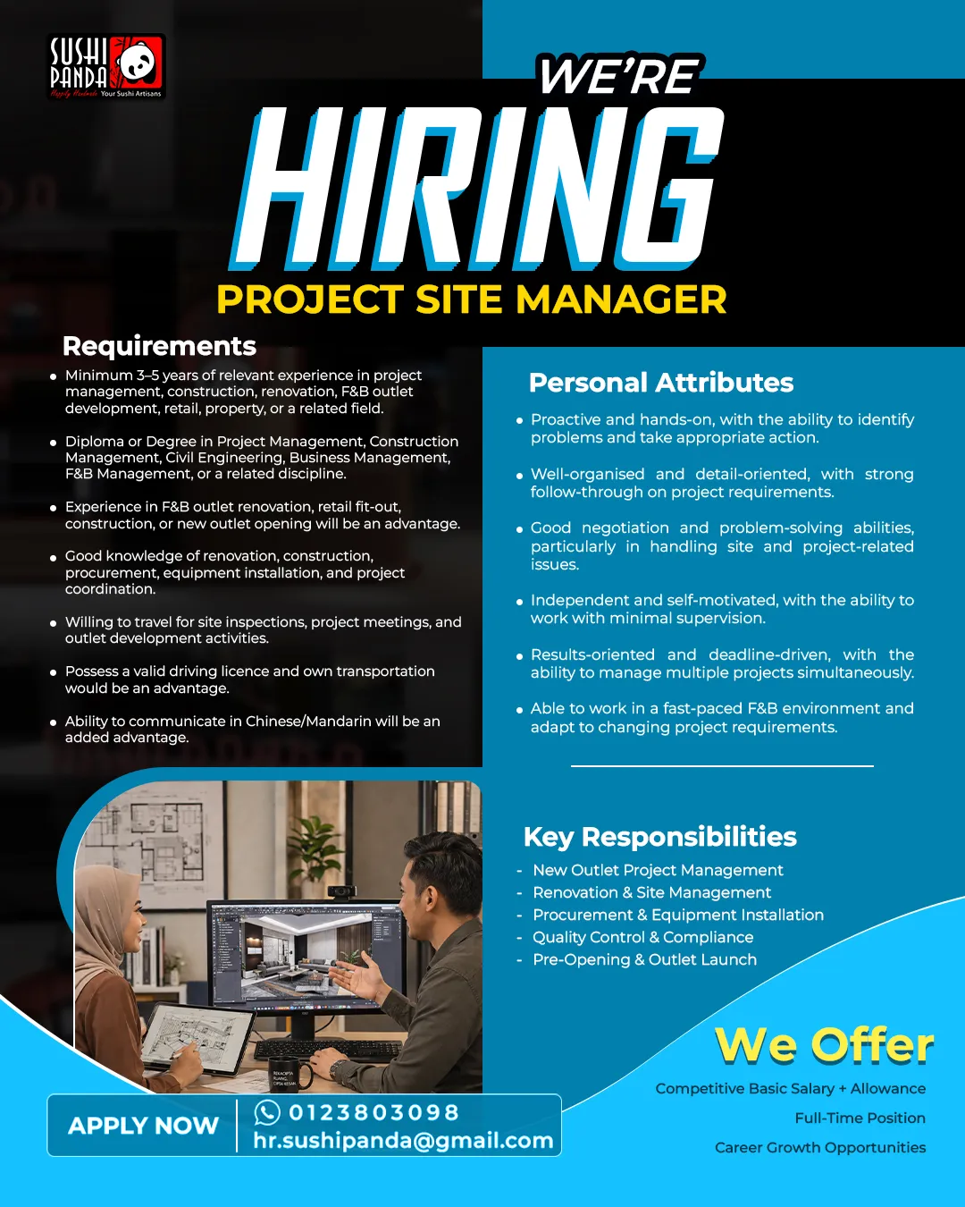 Sushi Panda “We’re hiring” poster for Project Site Manager: requirements, personal attributes, key responsibilities and the HR contact